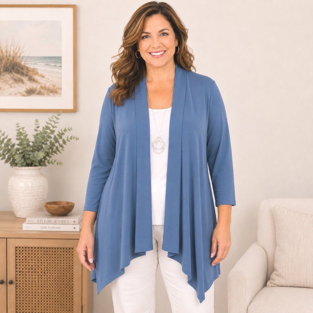 Susan Graver Liquid Knit Cardigan 2X Open Front Waterfall Drape Travel Career